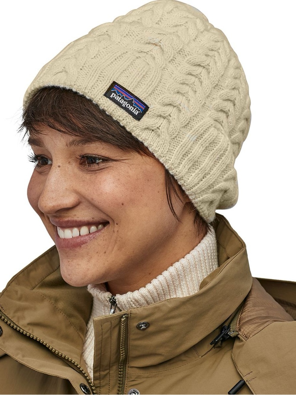 Patagonia Cream Cable Chink Knot Beanie Hat Fleece Lines Winter Fall Hat Unisex